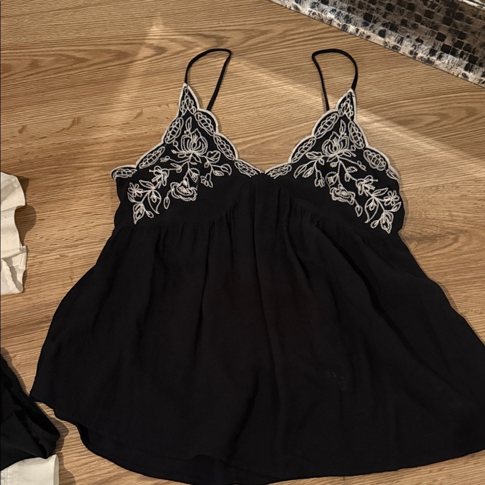 Love on a Hanger Black Camisole with White Embroidery